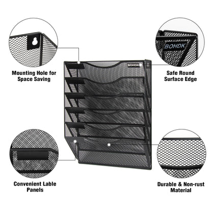 BOHDK Wall File Organizer, 6 Tier Hanging File Folder Mail Organizer, Vertical Mesh Metal Wall Mount Hanging File Holder, Paper Document Magazine Rack for Home Office Black