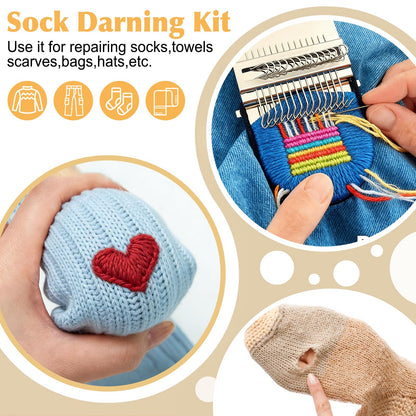 Meetory Knit Patch - Mushroom Mini Darning Loom, Knitpatch Kit with 14 Hooks Small Weaving Loom 14 Pcs Large Eye Needles 50 Color Threads for Handcraft DIY Weaving Repair Tool for Mending Jeans Socks