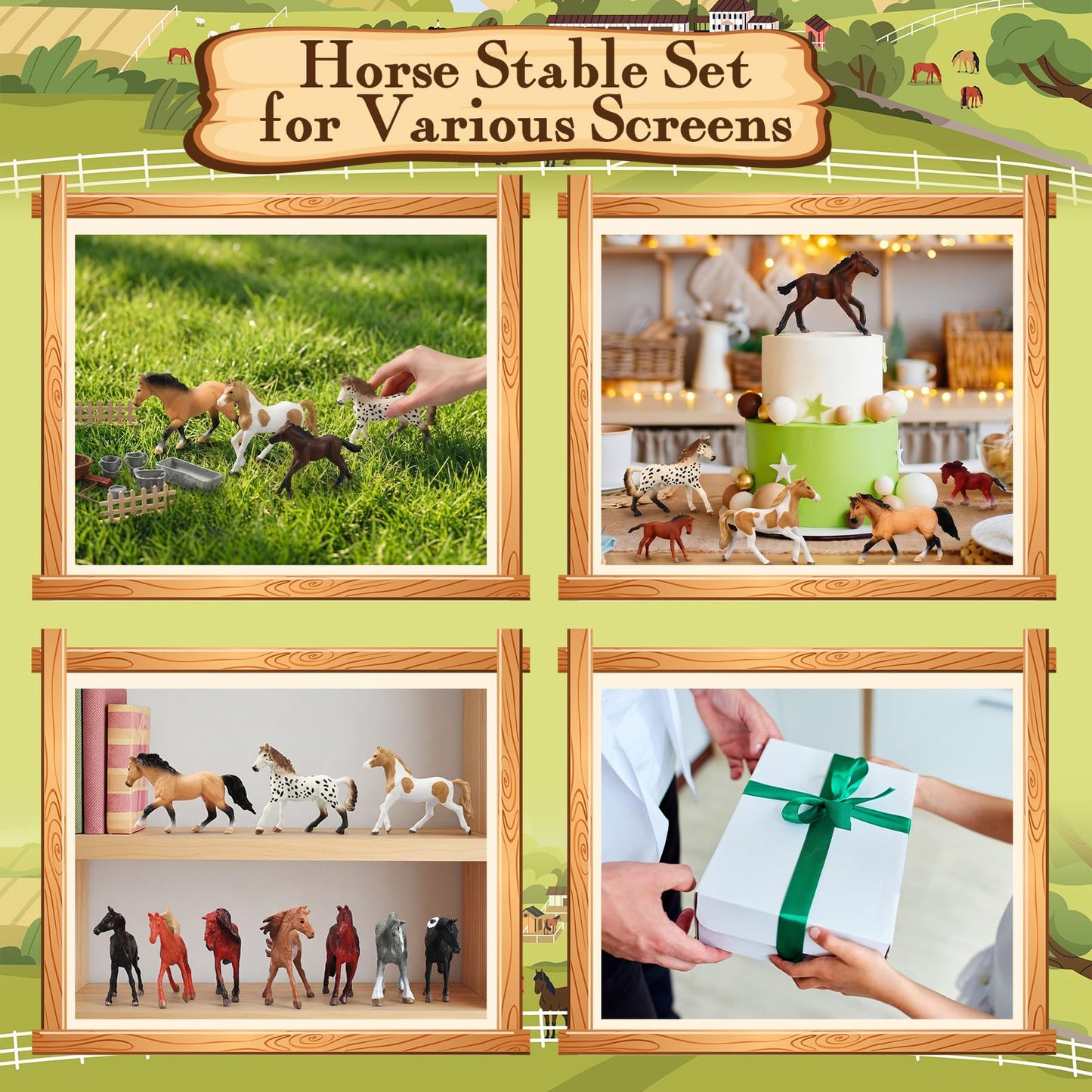 Gerrii 33 Pcs Realistic Horse Figurines Set, 16 Horses Breeds with Wooden Fences Farm Accessories for Tabletop Display Cake Topper Horse Lover Collector Birthday Gift