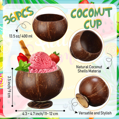 Tioncy 36 Pcs 13.5 oz Coconut Shell Cups Bulk Hawaiian Party Supplies Polished Natural Coconut Bowls Luau Party Favors Tiki Decorations for Cocktail Drinking Smoothie Salad Ice Cream