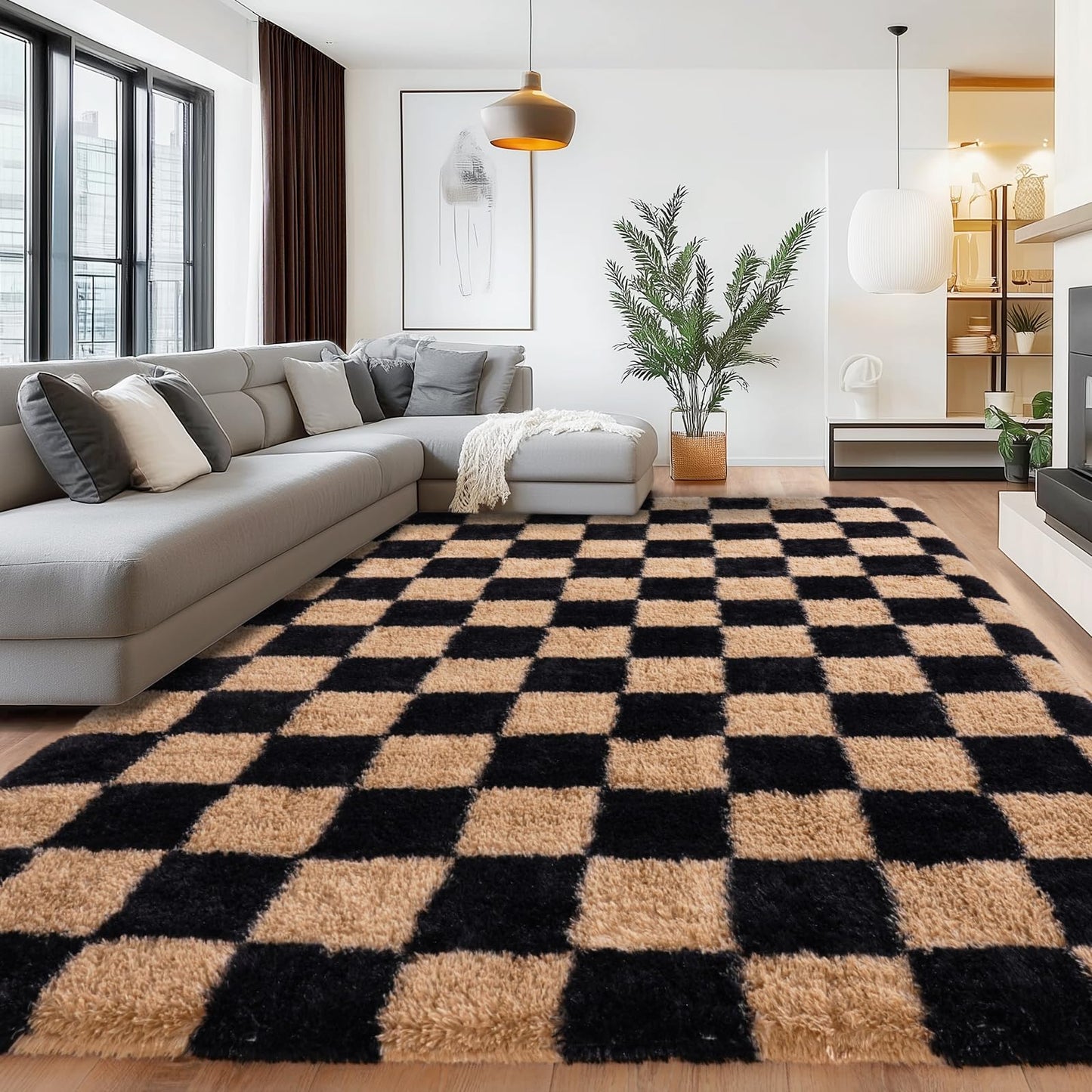 PIPABOBO Checkered Rug 4x6 for Bedroom, Fluffy Plush Area Rug Non Slip, Modern Indoor Shag Rugs for Living Room Girls Kids Room Nursery Dorm Home Decor, Black and Beige