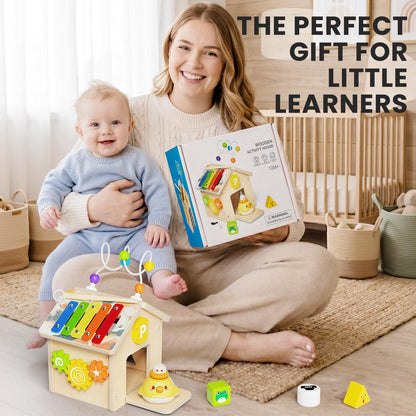 9-in-1 Wooden Activity Cube, Montessori Baby Activity Center Toys for 1+ Year Old Boys & Girls, Farm Theme Baby Cube with Car Toys & Shape Sorter, Educational Toy for Toddlers, Ideal Baby Gifts