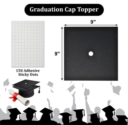 Graduation Cap Topper Kit 25 Count 9x9 Inch Black Glitter Caps with 150 Adhesive Dots for DIY Decorating Mortarboard Decoration Supplies