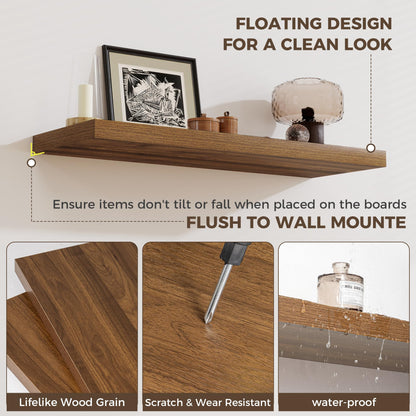 Fun Memories 24 x 12 Inch Deep Floating Shelves, 12 Inch Deep Rustic Wooden Book Shelf, Extra Deeper & Thicker Hanging Shelves for Living Room, Bathroom, Bedroom, Kitchen, Office, Set of 3(Walnut)
