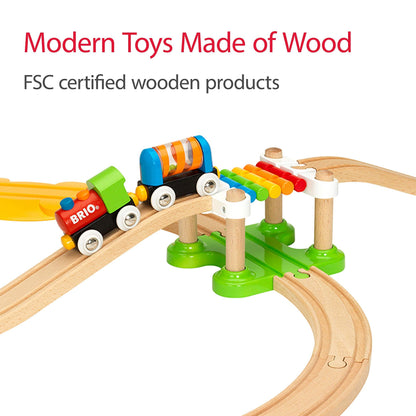 BRIO My First Railway Beginner Pack - 18-Piece FSC-Certified Wood Train Set - Compatible with All BRIO Sets - Includes Rainbow Bridge & Rattle Wagon - Safe Play - Toddlers Ages 18 Months & Older