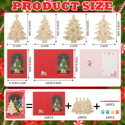 Blueweenly 24 Sets Christmas Craft Painting Kits for Kid DIY Wooden Christmas Tree Ornaments with Greeting Cards to Paint Cutouts Crafts Decorations Art Craft for Classroom Holiday Activities Party