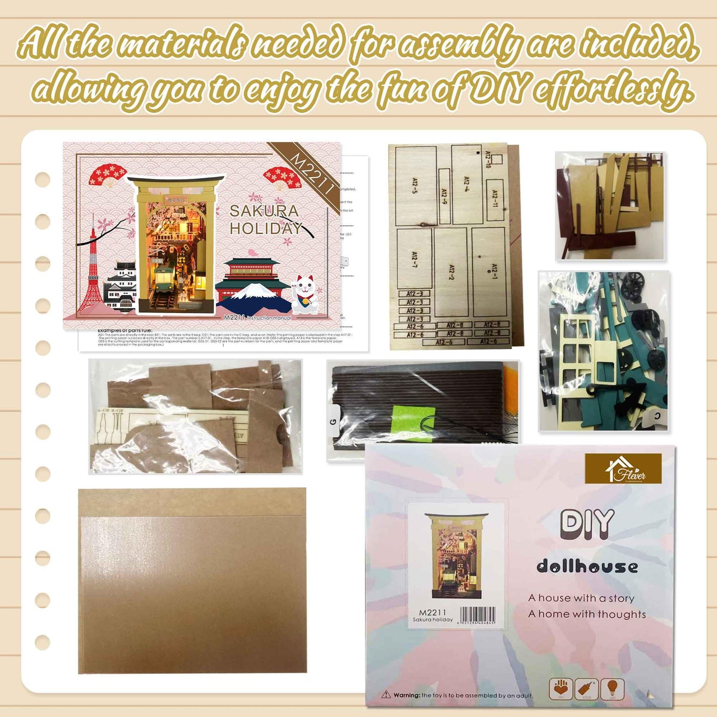 Flever Dollhouse DIY Book Nook Miniature Kit, DIY Booknook Bookshelf Insert Decor, 3D Wooden Puzzle Booknook Miniature Kit for Creative Assembled Bookends (Sakura Holiday)