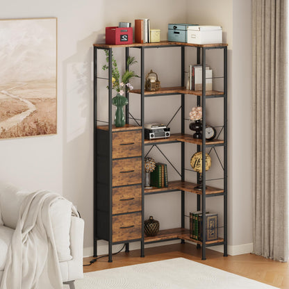 AFLUI Corner Bookshelf with LED Light Strips & 4 Fabric Drawers, 5-Tier Convertible Corner Shelf with Display Shelf, Large Wood Industrial Bookcase for Living Room, Bedroom, Home Office, Rustic Brown