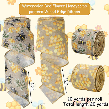 JarThenaAMCS 2 Rolls Bee Wired Edge Ribbons Craft Ribbon 2.5 in 20 Yards Bumble Bee Honeycomb Fabric Wrapping Ribbon for Bow Wreath Summer Party Home Decor