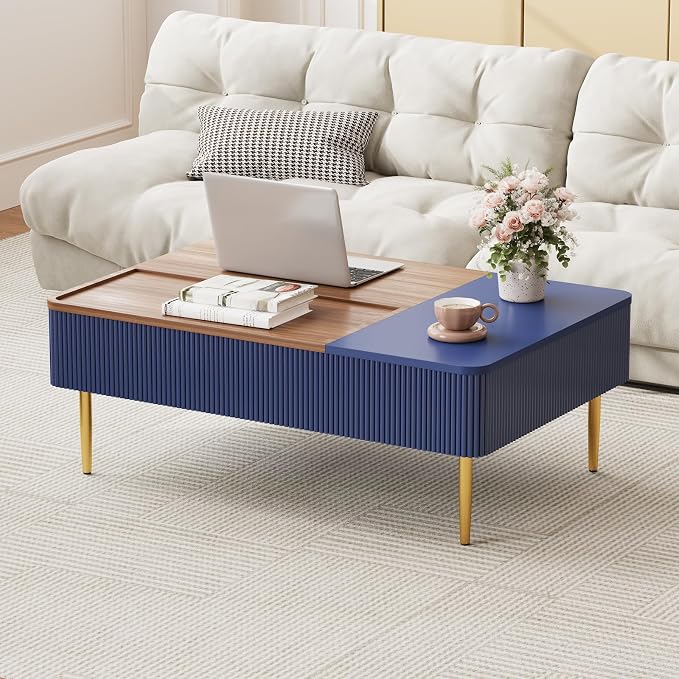 HLR 47" Dual Lift Top Coffee Table with Storage, Modern Wood Fluted Coffee Table with Hidden Compartment,Lift Tabletop Dining Center Table for Living Room, Office, Blue