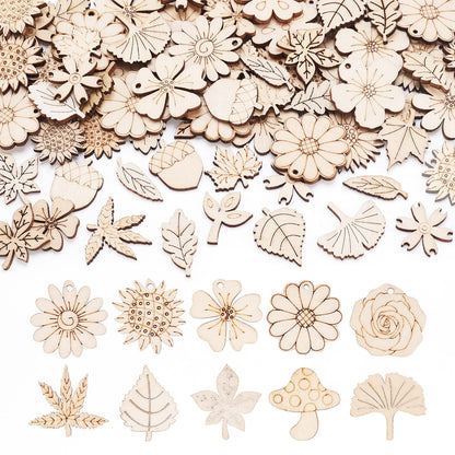 Sparkeads 90 pcs Natural Wood Charms Flower Leaf Mushroom Pendants Unfinished Plant Shape Wooden Dangle Charms for Craft Necklace Jewelry Making Bracelet DIY Women Earring Accessory