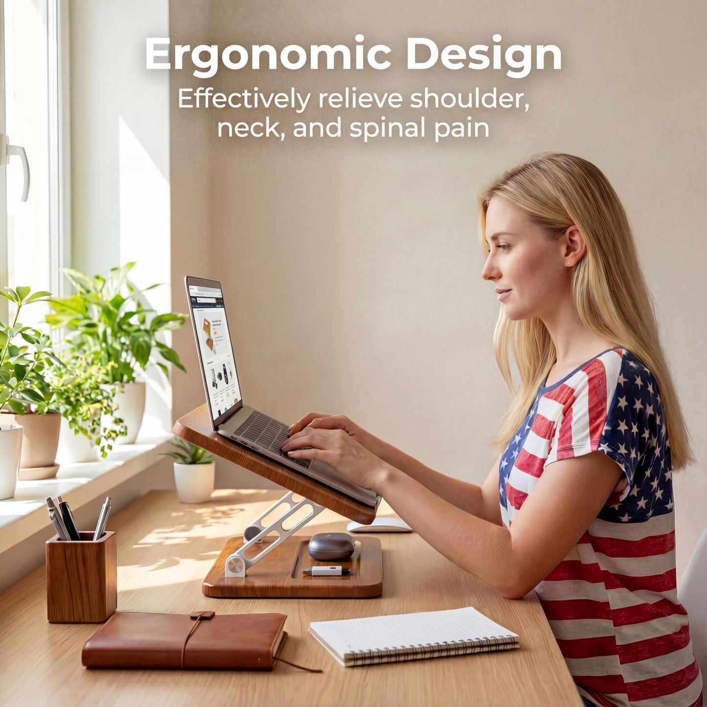Craftreasure Ergonomic Wooden Laptop Stand with Pen Slot, Adjustable Height & Angle, Hollow Cooling, Foldable for Desk Use, for 10-17 Inch Laptops/Tablets