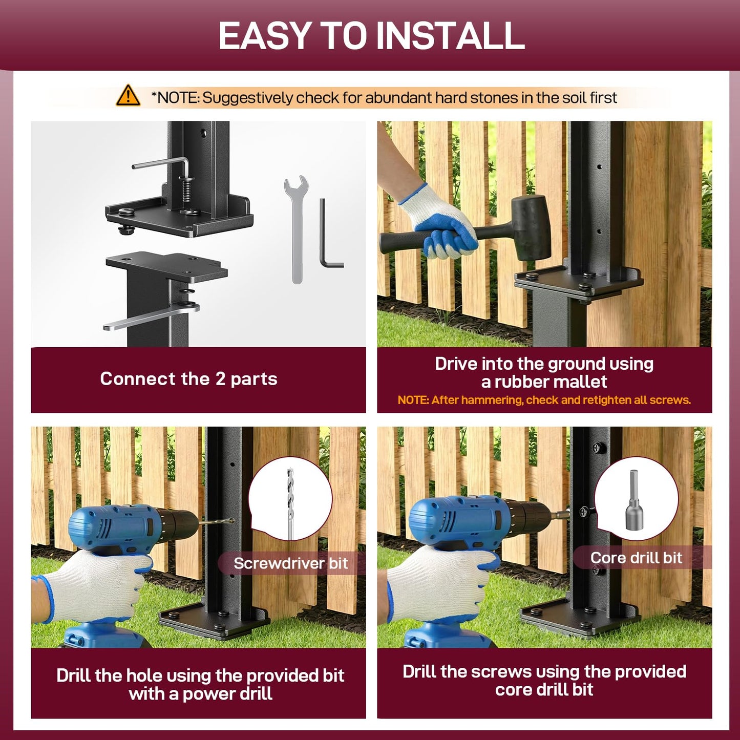 Goovilla Fence Post Repair Kit, 4Pcs Heavy Duty Fence Post Anchor Ground Stakes, Robust Quick-Fix Wood Support for Broken/Leaning/Tilted/Degraded Wood with Gloves/Installation, Easy to Install,Black