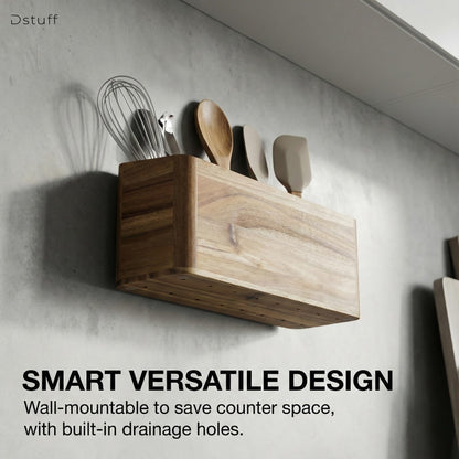 Dstuff Large Kitchen Utensil Holder Organizer for Counter or Countertop, Wooden Storage Container for Cooking and Silverware, Acacia Rustic Wood (4 Compartments)