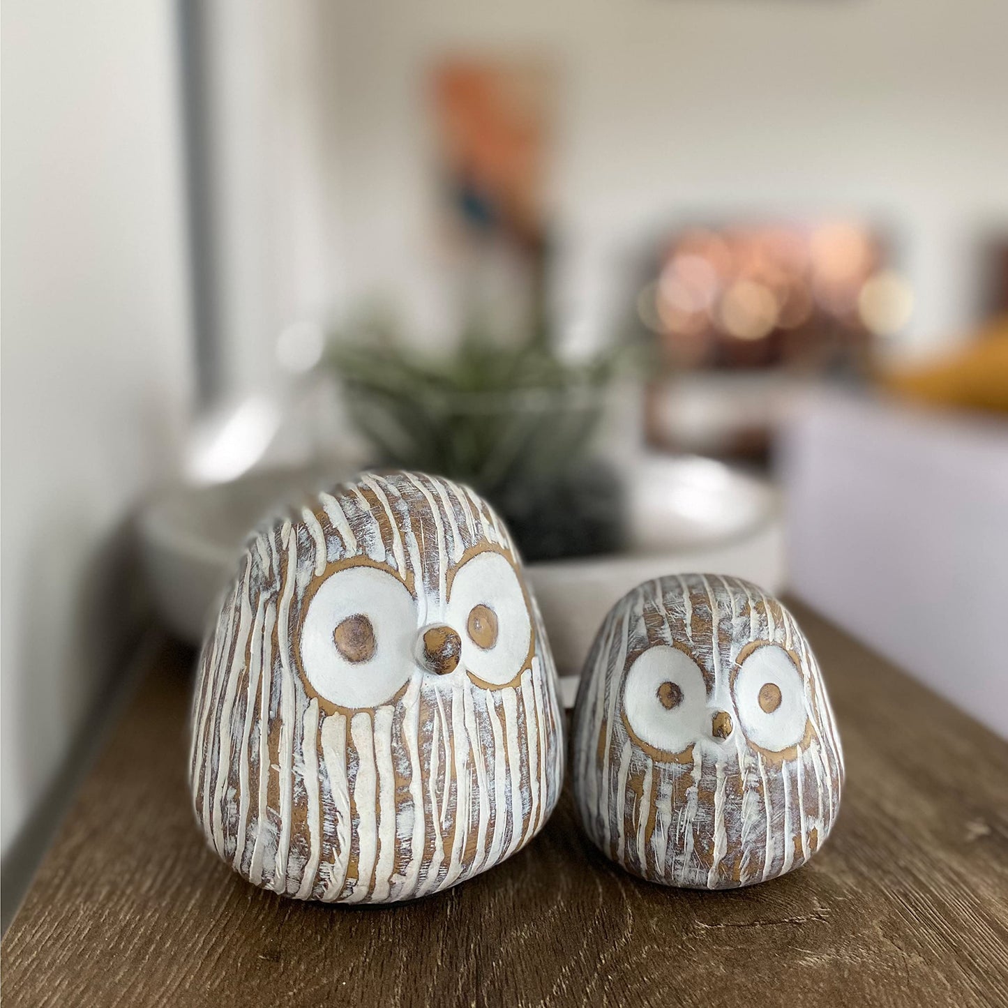 Huey House Chubby Night Owl Decor Statue Sculpture, Bookshelf Decor Accents, Boxed Set of 2, Rustic Brown & White, 3⅛ & 4⅓ Inch Decorative Resin Figurines