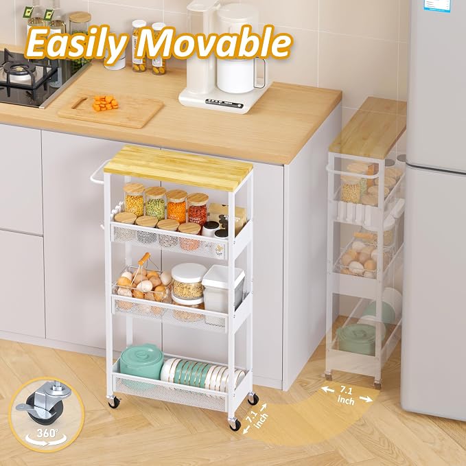 Vincona 7.1" Wide Slim Storage Cart on Wheels, 4 Tier Metal Narrow Rolling Cart with Handle and Wood Top, Multifunctional Small Mobile Shelf Unit Organizer Trolley for Laundry, Bathroom, Kitchen