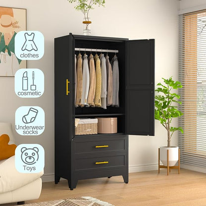 erosoei Metal Armoire Wardrobe Closet, 71 "Metal Clothing Storage Cabinet | with Adjustable Shelves and Hanging Rod, Household Steel Wardrobe Storage Cabinet with Drawers (Armoire-Black)