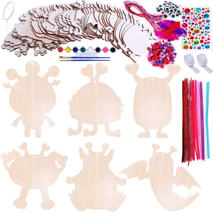 36 Sets Valentine's Day Craft Kits DIY Valentine Monster Wood Ornaments Decorations Art Sets Assorted Paintable Unfinished Wood Monster Cutouts Pom-Poms Googly Eyes for Kids Valentine Party Activity