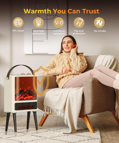 Fireplace Space Heater for Indoor Use, 1500W Freestanding Electric Heater with Realistic 3D LED Flame, 3 Modes, Overheating & Tip-Over Protection, Small Portable Heater for Bedroom Room Office, White
