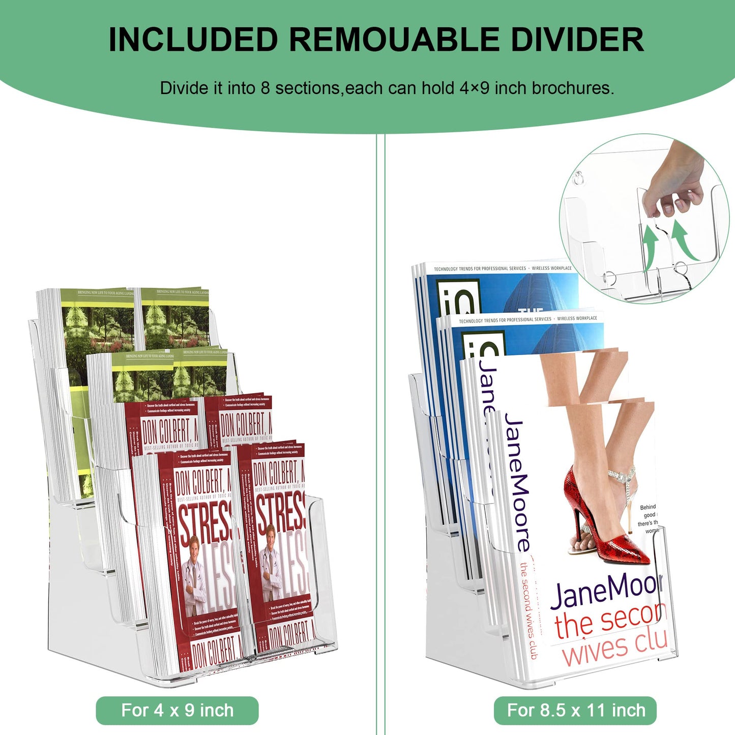 zavekia 4 Tier Acrylic Brochure Holder 8.5 x 11 inch, Clear Literature Organizer Magazine Stand with Removable Divider for 4 x 9 inch Brochures,Magazine Holder,Flyer Holder