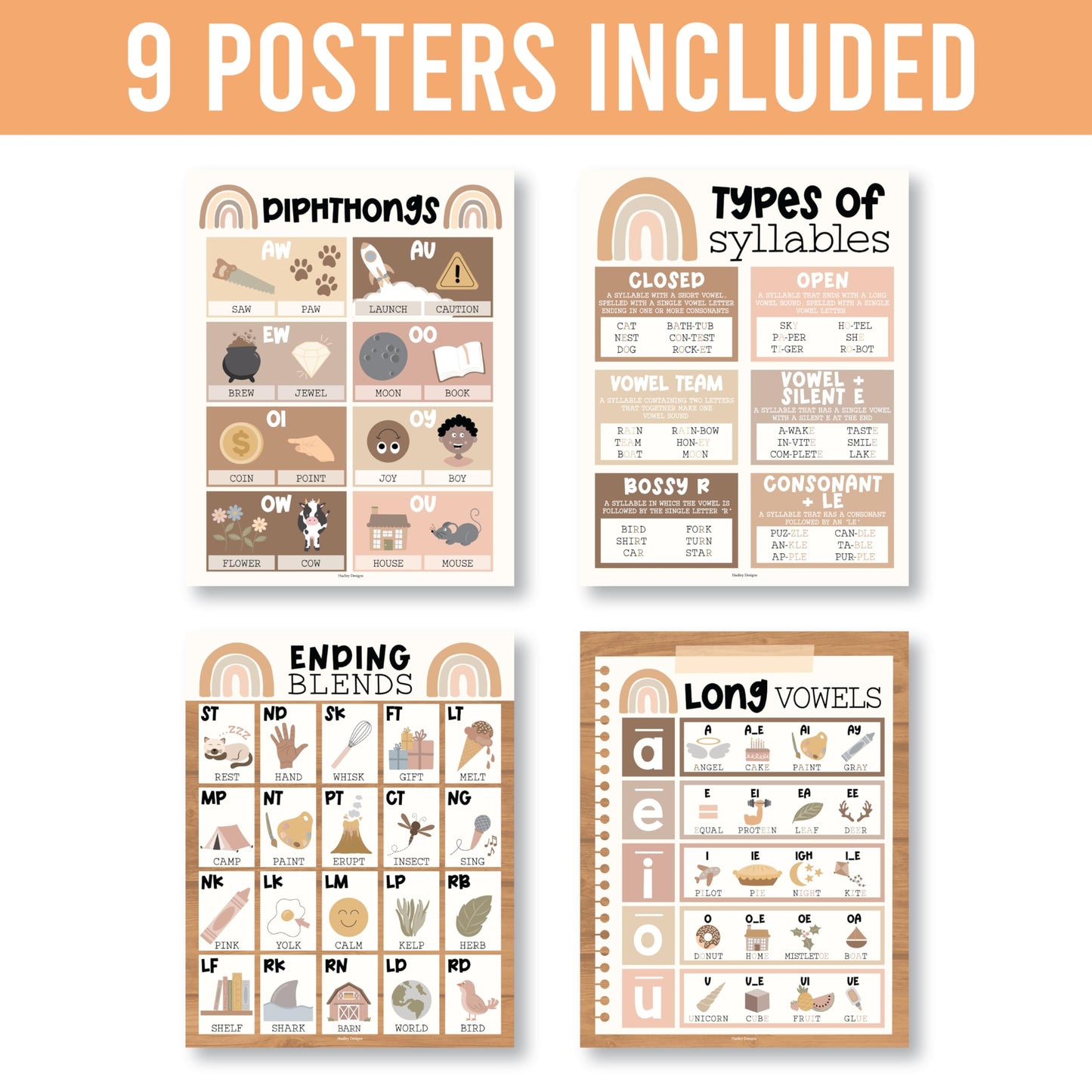 Hadley Designs Phonics Posters for Classroom Must Haves - 9 Sound Wall for Kindergarten & Elementary Teacher Supplies, Syllable, Vowels, Digraphs & Blends Bulletin Board Set, Boho Classrom Decor