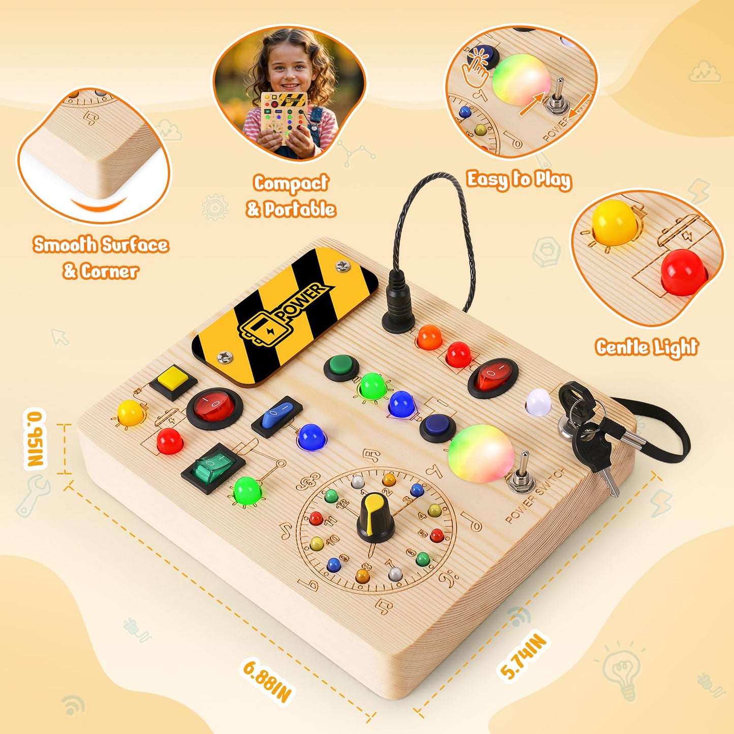 OAKJAR Busy Board with Led Light, Montessori Toys for 1-3 Years Old Boys Girls Wooden Toddler Toys Birthday Gift Educational Toys for 1+ Year Old, Toddler Travel Toy Sensory Toys for Kids with Autism