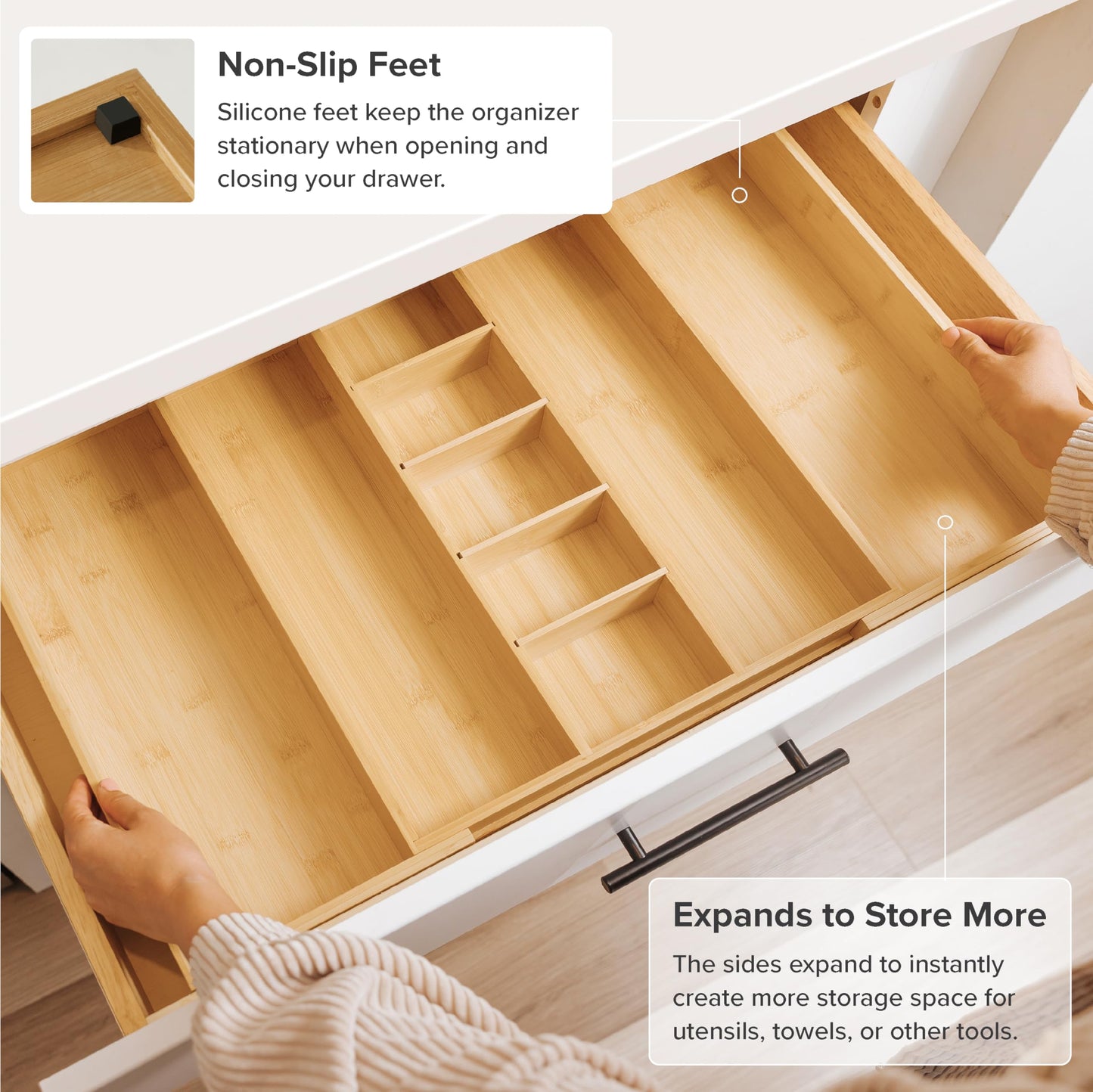 KitchenEdge Adjustable Kitchen Drawer Organizer - Expandable From 18.5 to 33 In and Adjustable Kitchen Drawer Organizer for Utensils and Junk - Expandable from 16 to 28 In Bundle
