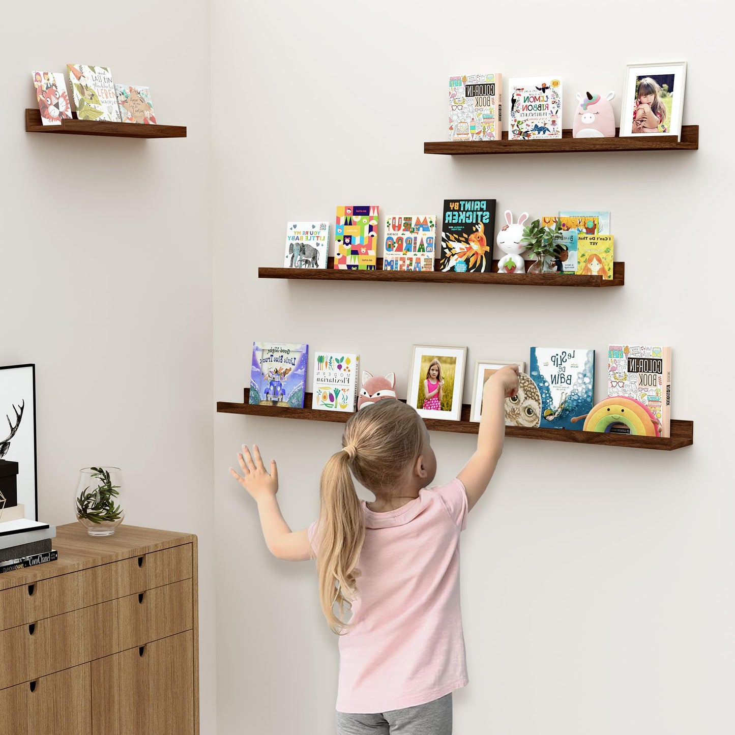 Feihorrm Floating Shelves for Wall, 24 inch Wood Floating Shelves Set of 2, Picture Ledge Shelf for Books Photo Frames, Wall Mounted Shelves for Bathroom Bedroom Living Room Kitchen, Walnut