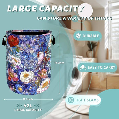 Blue Flowers Laundry Basket Glass Colorful Floral Foldable Funny Laundry Hamper