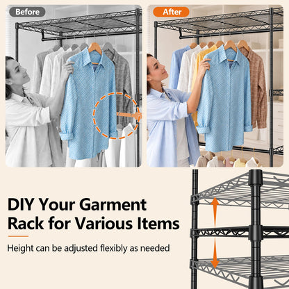 UEAKPIC Heavy Duty Clothes Rack, Portable Clothing Garment Rack for Hanging Clothes, Adjustable Storage Closet with Wire Shelves and Hanging Rods, Freestanding Closet Organizer, Max Load 700Lbs, Black