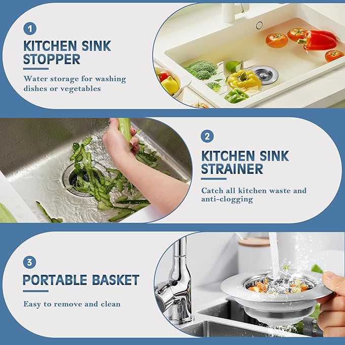 Kitchen Sink Drain Strainer 3 Pack, 304 Stainless Steel Pop Up Sink Stopper