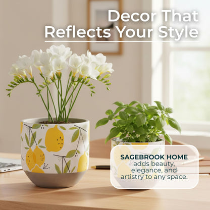 Sagebrook Home Set of 2 Decorative Cement Planters with Drainage Hole - Modern Lemon Print - Indoor/Outdoor Use - 7", 6" Yellow, White, Gray