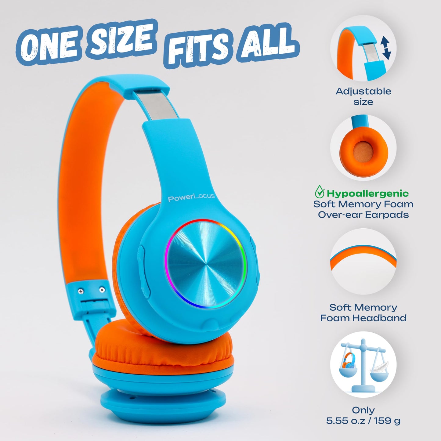 PowerLocus PLED Kids Bluetooth Headphones, Kids Wireless Headphones with LED Lights, 74/85/94dB Safe Volume, Micro SD, AUX Cable, Hi-Fi Stereo, Built-in Mic Over Ear Kid Headphone for Travel/Tablet/PC