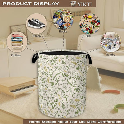 Green Herb Leaves Laundry Hamper, Rustic Wildflower Collapsible Laundry Baskets