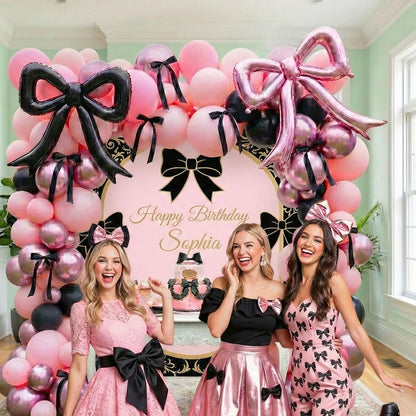 coquette birthday decorations 150pcs balloon garland arch kit with metallic purple pink black bow cake topper ribbon bow tie and mylar foil balloons for girls bachelorette party decorations