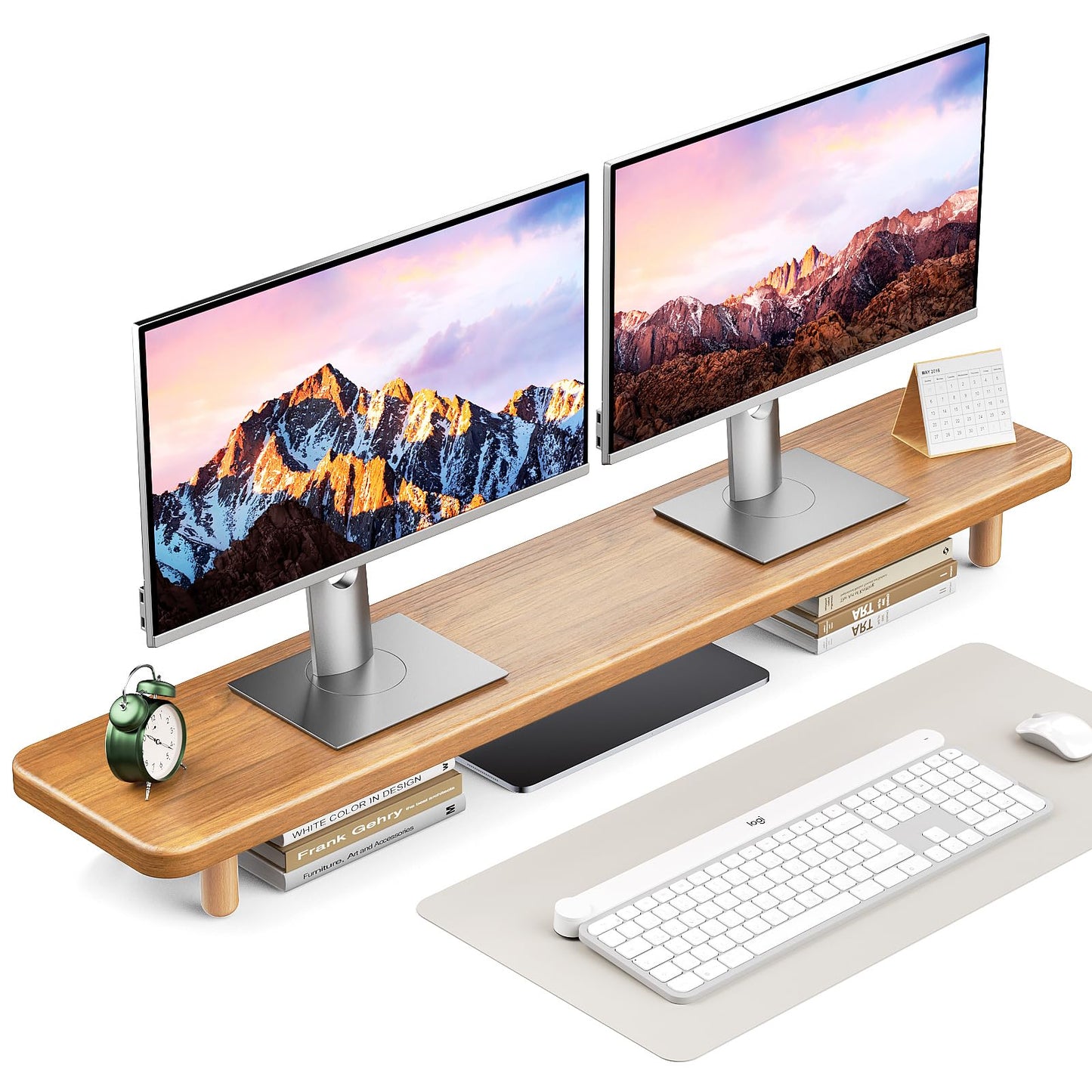 Dual Monitor Stand Riser, 39 Inch Extra Long Wooden Desktop Monitor Riser with Storage for 2 Monitors Ultra Strong Desk Shelf Organizer Riser Ergonomic for 2 Screens/Laptop/PC/TV/Printer (Light Walnut, 39inches)