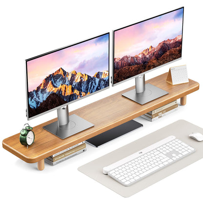 Dual Monitor Stand Riser, 39 Inch Extra Long Wooden Desktop Monitor Riser with Storage for 2 Monitors Ultra Strong Desk Shelf Organizer Riser Ergonomic for 2 Screens/Laptop/PC/TV/Printer (Light Walnut, 39inches)