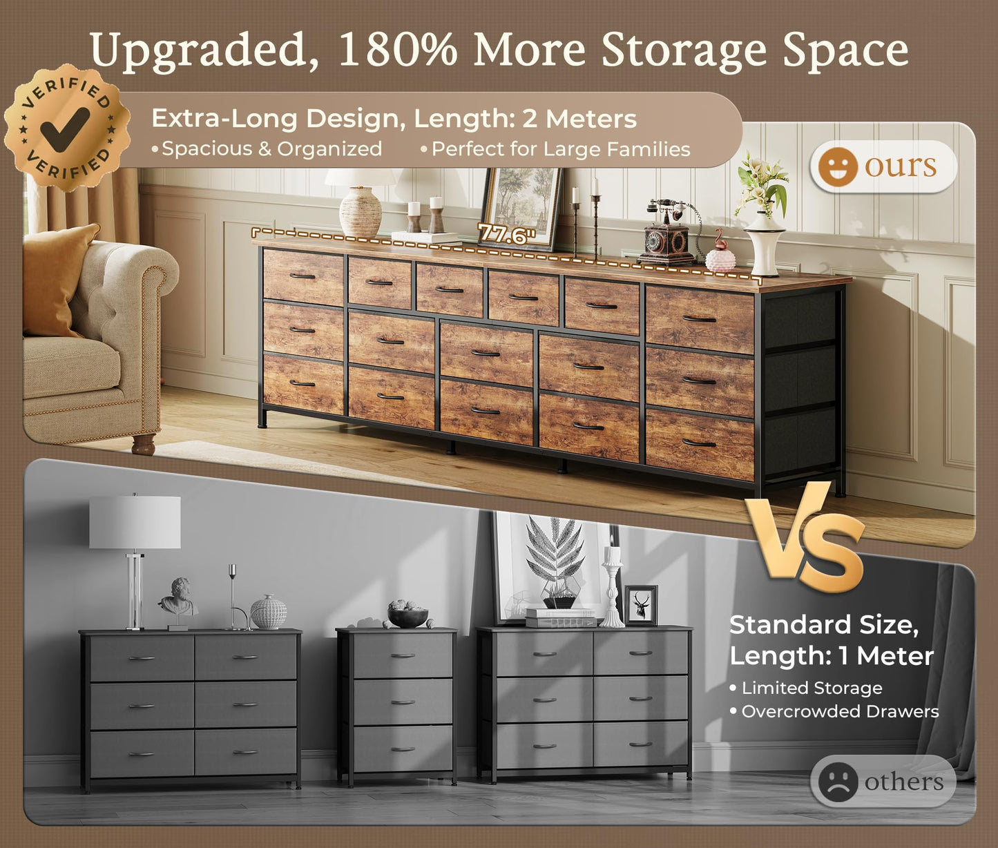 Huuger 77.6" Long Dresser for Bedroom, 16 Drawer Fabric Dresser for Closet, Wide Chest of Drawers with Storage, TV Stand for 65, 75, 85 Inch TV, 77.6" W x 13" D x 26.4" H, Rustic Brown