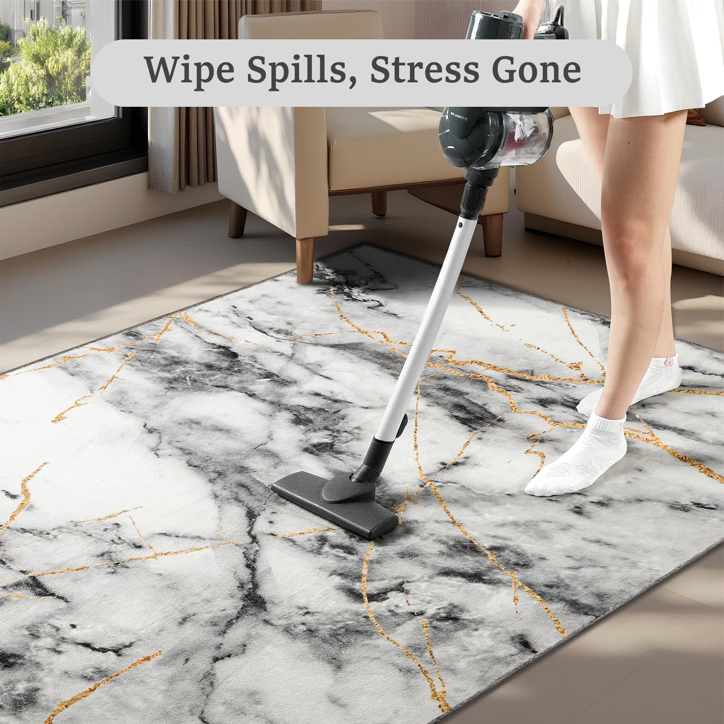 CRYPTOLITE Area Rugs 9x12 Rug for Living Room Abstract Washable Rug with Non-Slip Backing Low Pile Area Rugs for Bedroom, Dining Room, Gold&Grey