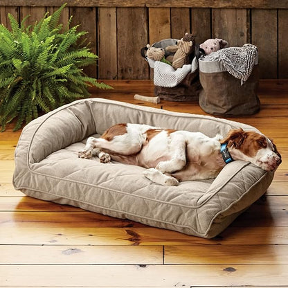 Orvis Comfort Fill-Eco Couch Dog Bed – Plush Three-Sided Bolster with Comfort Fill-Eco Cushion, Quilted Cover, Zip-Off & Machine Washable, Heathered Khaki - X-Large