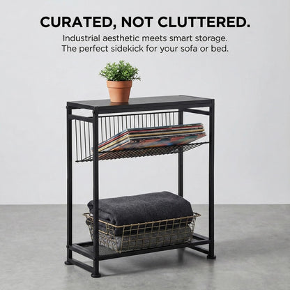 Dulcii Small Side Table for Small Spaces - Slim End Table with Magazine Holder - 2 in 1 Design Narrow End Table Living Room - Skinny Bedside Table Nightstand Bedroom Thin Side Table, Black