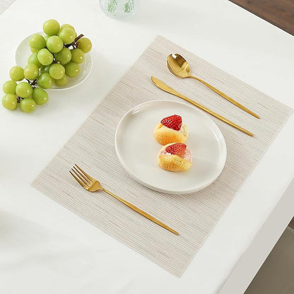 Leetaltree Pale Beige Placemats Set of 6 - Heat Resistant Non-Slip Place mats for Dining Table, Washable Durable PVC Vinyl Woven Table Mats（Pale Beige, 6）