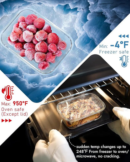 12-Pack Glass Containers with Tempered Lids – Borosilicate, Oven-Safe(-4°F~950°F), Airtight, BPA-Free, Multi-Size for Meal Prep, Dishwasher Safe, 1.6 cups to 6.4 cups (Blue)
