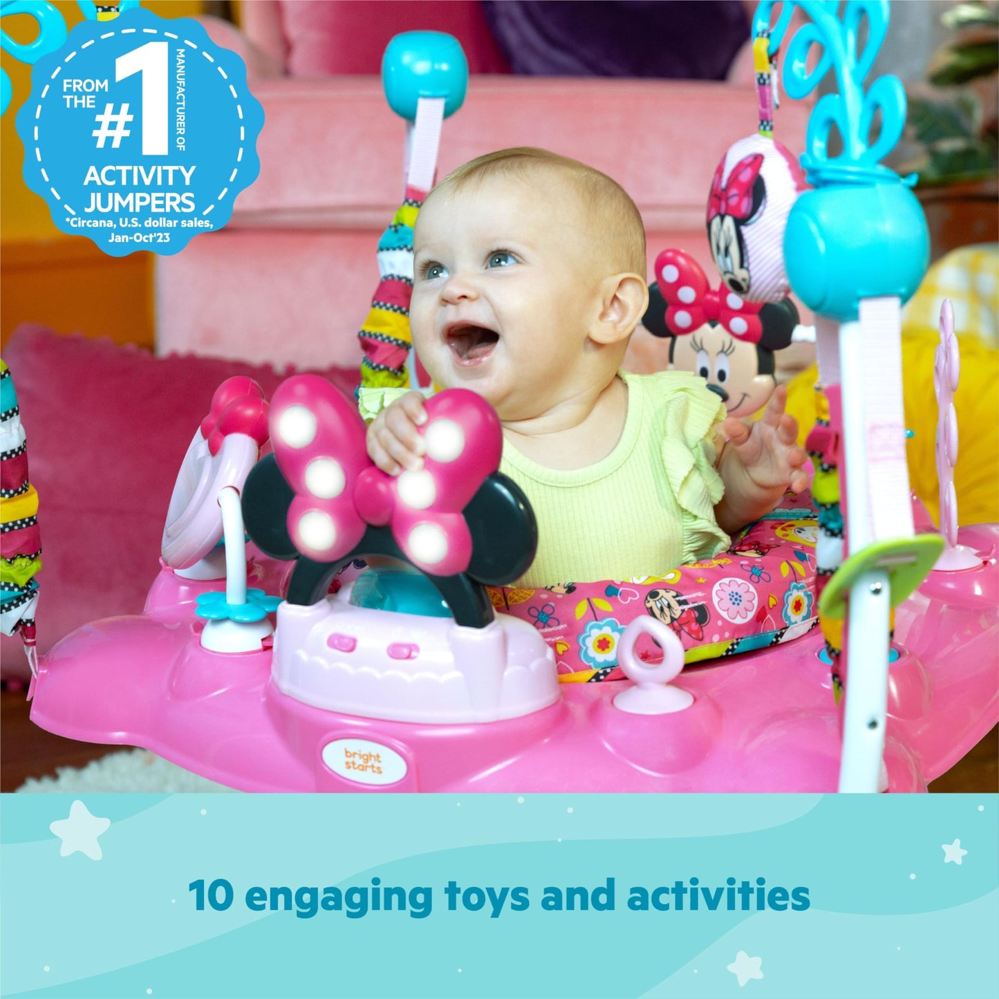 Bright Starts Disney Baby MINNIE MOUSE PeekABoo Baby Activity Center Jumper with 8 Toys, Lights & Sounds, 360-Degree Seat, 6-12 Months (Pink/Blue)