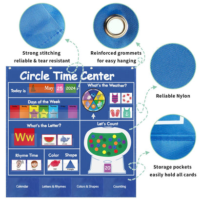Boczif Circle Time Learning Center Pocket Chart for Classroom, Educational Teaching Materials Learning Calendar Weather Number Counting Letter Color Shape Wording Rhyme Pictures (Blue)