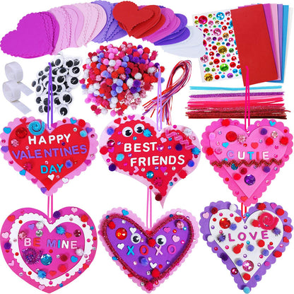 Winlyn 24 Sets Valentine's Day Heart Ornaments Decorations DIY Foam Craft Kits Assorted Shapes Stickers Pom-poms Googly Eyes for Kids Classroom Art Activity Gift Exchange