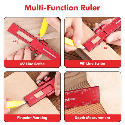 Draxzor 3PCS Woodworking Ruler Set, Precision Pocket Ruler with Adjustable Slide Stop, Aluminum Alloy Measuring Tool for Marking & Scribing, Metal T-Track Square Rulers, Inch and Metric (6", 8", 12")