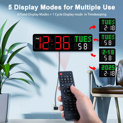 Home Gym Timer, 12'' Interval Workout Clock with Seconds | Remote Control | 5 Display Modes, 4 Alarms | Countdown Wall Clock for Gym Garage Crossfit HIIT Classroom