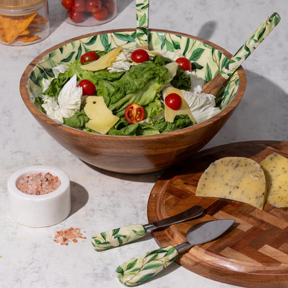 QIQAA Acacia Wood Fruit Bowl for Kitchen Counter | Wooden Salad Bowl For Food | Herringbone Inlay Lid Salad Tongs cheese knives | No Leaks | Designed in USA Handmade In India 12x12x4.75 (Light)