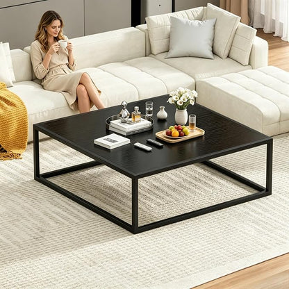 31.5" Square Coffee Table, Mid-Century Modern Black Center Table for Living Room, Floor Table for Sitting on The Floor, Wood Cocktail Tea Contemporary Tables with Metal Frame for Office Apartment Home